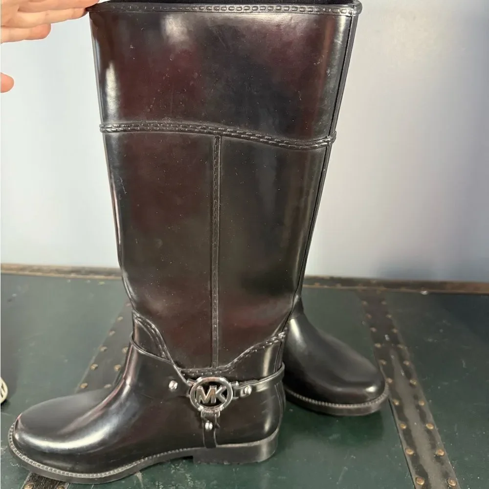 Michael Kors FULTON HARNESS RAINBOOT Knee High Rubber Black Women Size 6